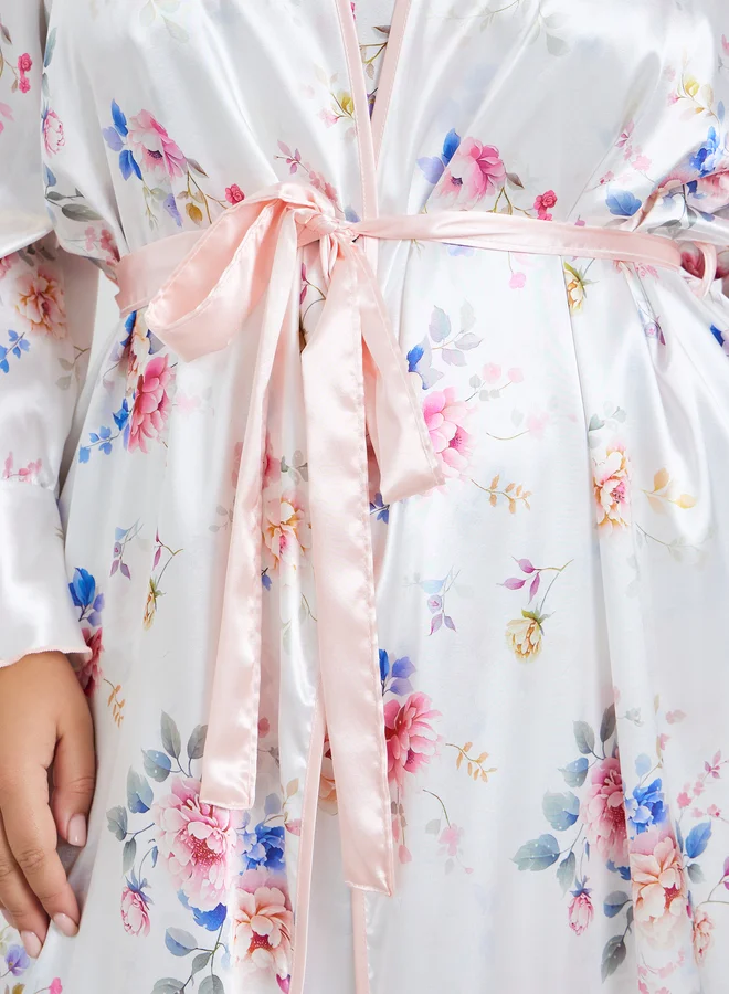 Take Two Plus Size Women Floral Print Robe and Satin Slip Dress